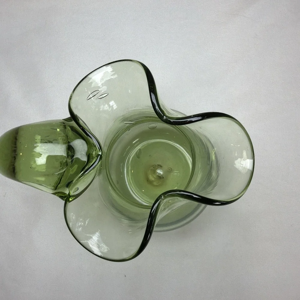 Green Glass Pitcher Ruffled Rim Applied Handle Vintage
